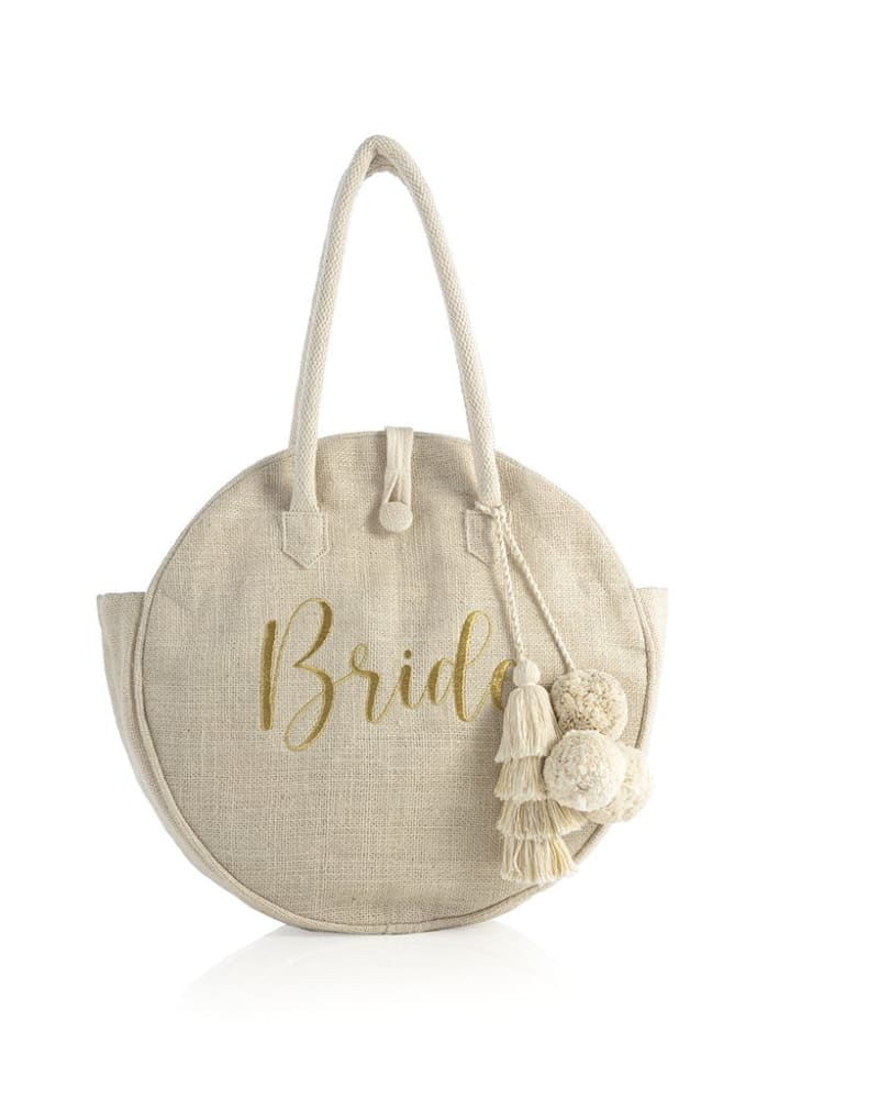 Front of a size One Size "Bride" Jute Circle Tote in Natural by Shiraleah. | dia_product_style_image_id:307924